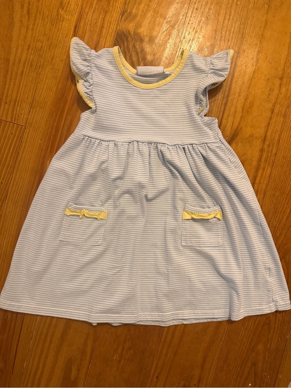 Girls' Light Blue Striped Cotton Dress with Yellow Trim